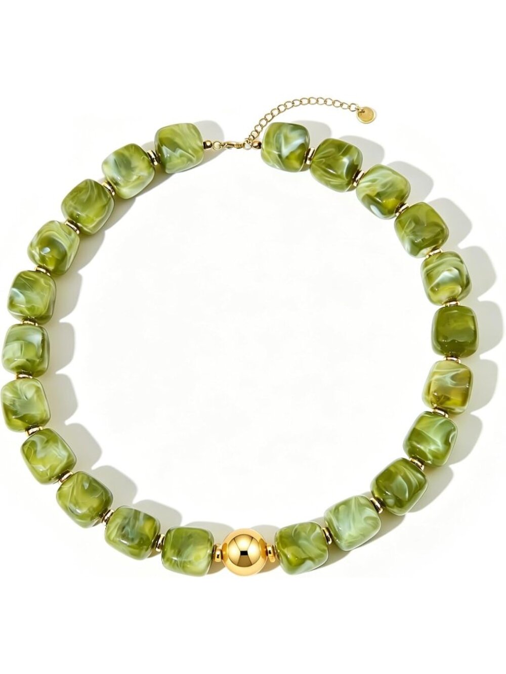 Women's Green Chunky Beaded Necklace Gold Plated Marbled Resin Choker Jewelry